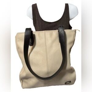 Roots Cream and Black Leather Tote with Structured Design